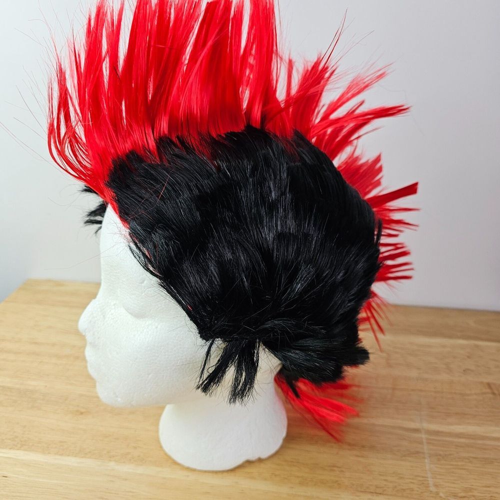Halloween Costume Faux Mohawk Wig Red Black‎ Stretchy Prop Rocker Hair Theater